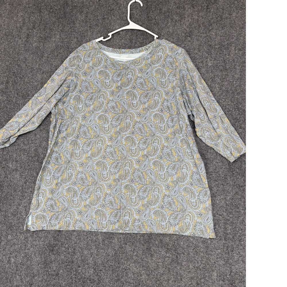 Lands End Paisley Top Womens 1X Blue Tan 3/4 Sleeve Knit Shirt